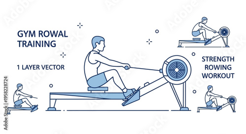 Man exercising on rowing machine indoors.