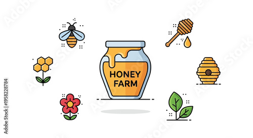 Honey jar with bees and honeycomb.