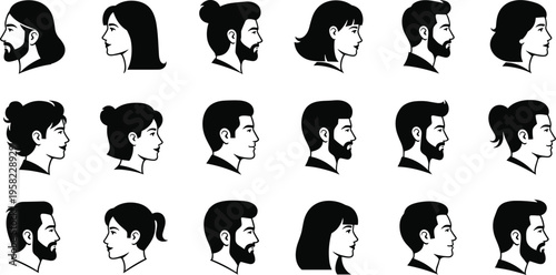 Profile silhouette icon, human face, hairstyle design, male portrait, female outline, diverse character, black vector, minimalist style, flat illustration