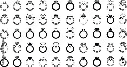 Ring icon collection, jewelry silhouette vector artwork set, engagement design graphic, decorative illustration symbol, flat vector illustration