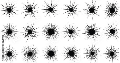 Shattered glass icon, bullet hole, cracked surface, broken window, fracture design, impact mark, black vector, minimalist style, flat illustration