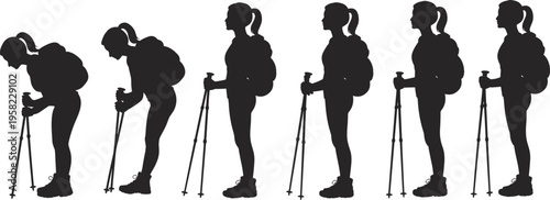 Silhouette sequence of hiker with backpack and poles, showing progression from bent posture to upright stance for outdoor, fitness, and lifestyle design