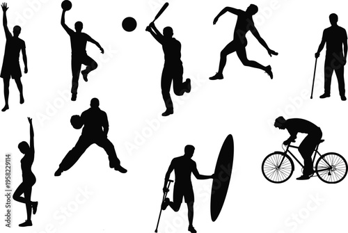Silhouettes of diverse people playing sports and physical activities including adaptive athletes, fitness motion, isolated black vector icons on white background
