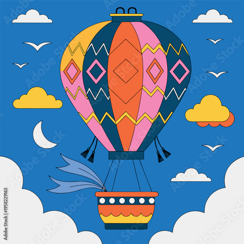 Flat vector illustration of colorful hot air balloon flying in the sky with clouds,