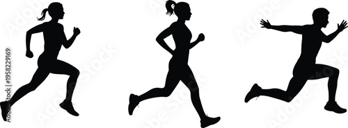 Silhouettes of male and female runners in dynamic athletic stride, fitness exercise motion, isolated black vector icon illustration on white background