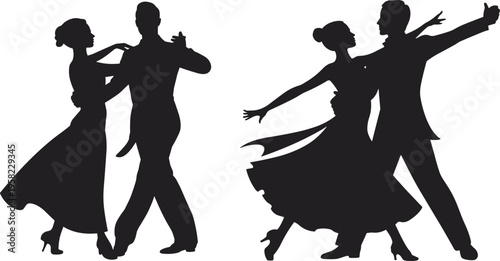 Elegant ballroom dance silhouettes of couples in motion, showcasing graceful posture, flowing dresses, and dynamic poses for art, performance, and lifestyle design