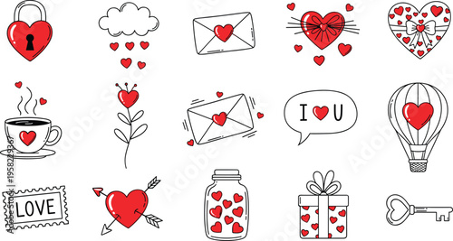 Flat vector illustration of romantic love icons, heart shapes, Valentine elements, hand drawn style, red black white design, affection symbols
