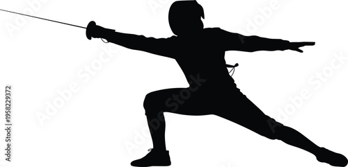 Fencer silhouette lunging with sword in aggressive pose, wearing mask and gear, dynamic sports action, isolated black vector icon on white background