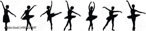 Elegant ballet dancer silhouettes in graceful classical poses wearing tutus, performing traditional ballet positions, isolated black vector icons on white background
