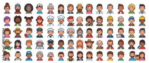Diverse group of cartoon characters faces.