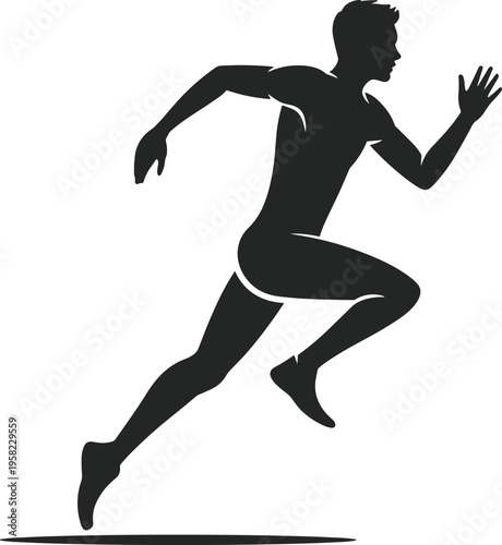 Silhouette of athlete running in mid‑stride with dynamic motion, fitness exercise activity, isolated black vector icon illustration on white background