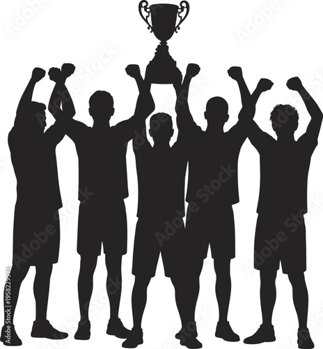 Silhouette of celebrating team holding trophy together, symbolizing success, achievement, unity, and sports victory for competition, lifestyle, and creative design