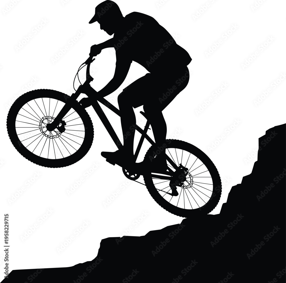 Fototapeta premium Silhouette of mountain biker climbing rocky terrain, showcasing uphill motion, adventure, and outdoor sports for fitness, recreation, and lifestyle design