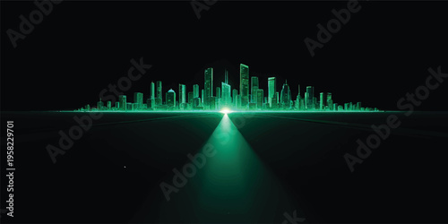Digital technology illustration featuring abstract green and blue backgrounds with light waves and an electronic equalizer line for business data charts