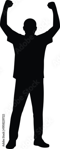 Silhouette of person celebrating triumph with raised fists, victory achievement pose, isolated black vector icon illustration on white background