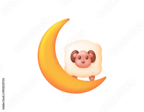 Eid al-Adha concept. 3D illustration of a yellow crescent moon with a sheep or goat. Cute and adorable goat. Sacrificial animal. Eid al-Adha celebration. Decoration or ornament. 3D vector, icon