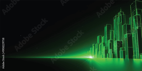 This abstract green energy bar code background features a 3d financial growth chart and vector data business diagram to illustrate success in market investment and technology report design
