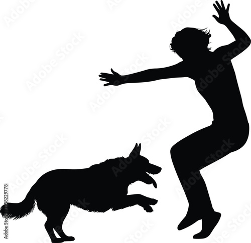 Silhouette of person jumping with playful dog leaping in mid‑air, dynamic motion, joyful interaction, isolated black vector icon on white background