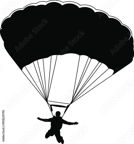 Silhouette of skydiver descending with parachute canopy, representing adventure, extreme sports, outdoor recreation, and aerial motion for lifestyle and design projects