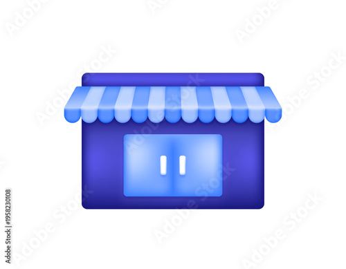 online market concept, e-commerce, business. 3D style illustration of a shop building. Shop in blue. 3D vector, icon, symbol, element, white background