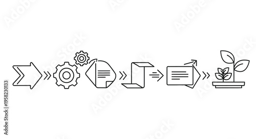 Process flow diagram from idea to growth represented by linear icons
