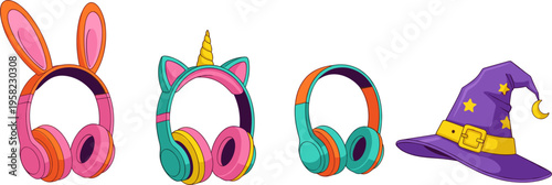 Colorful Headphones and Fantasy Hat Collection with Bunny Unicorn and Witch Designs in Cute Cartoon Style for Kids Fashion and Creative Accessories