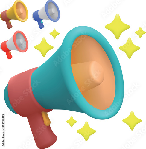 3Dのメガホンとキラキラのアイコン：告知・アナウンス・ポップ