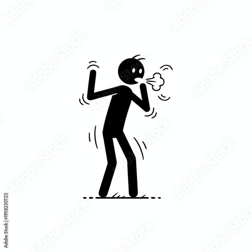 Stick figure man shivering and coughing with fever or cold symptoms vector icon.