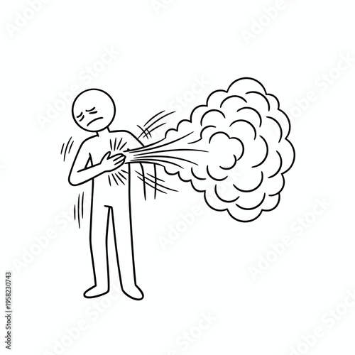 Stick figure person with chest pain and severe coughing or heavy breathing outline vector icon.