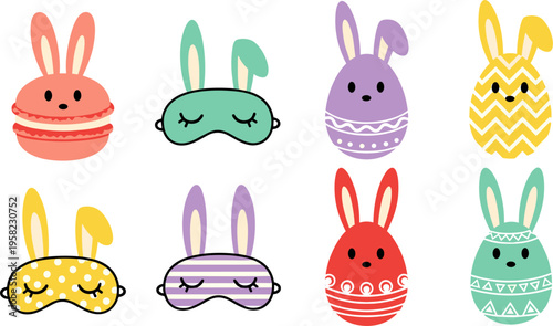 Cute Easter Bunny Egg and Sleep Mask Collection with Kawaii Faces and Pastel Colors for Holiday Decoration Kids Design and Spring Illustration