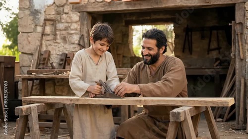 Carpenter teaching child to plane wood in ancient workshop. Biblical scene of father and son artisan working in carpentry shop. Christianity religious history.