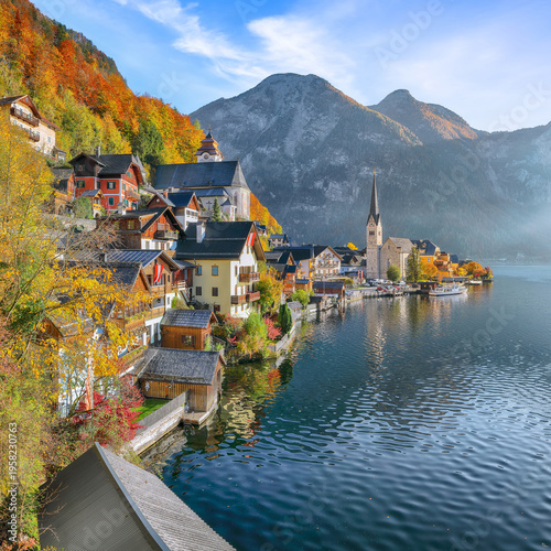 Vászonkép Amazing view of famous Hallstatt mountain village with Hallstatter lake