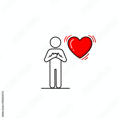 Stick figure person clutching hands over heart with a beating red heart symbol vector illustration.