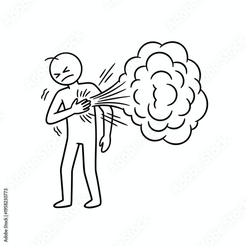 Stick figure person coughing heavily while clutching chest in pain line art illustration vector icon