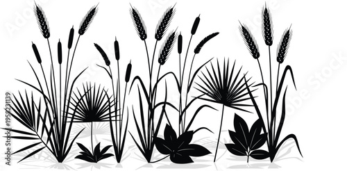 Plant silhouette illustration with cattails, wheat stalks, palm fronds, broad leaves, marsh vegetation design, botanical artwork, decorative nature pattern, ecological decor inspiration