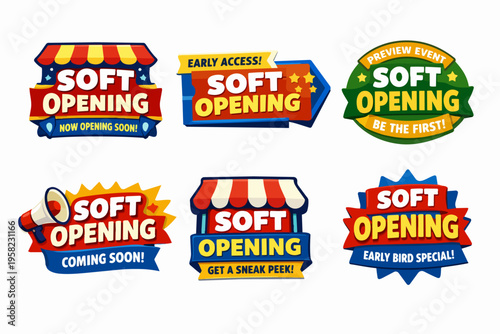 Soft opening badges collection displaying various banners for product launches and business announcements