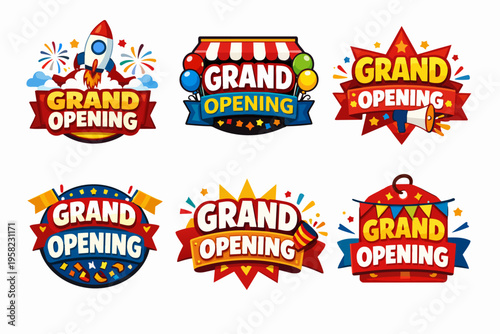 Grand opening labels set with celebration elements and promotional badges for new store launch or business event
