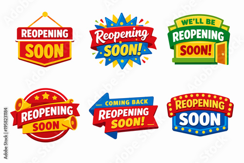Collection of various colorful badges and signs with reopening soon text, perfect for businesses and shops