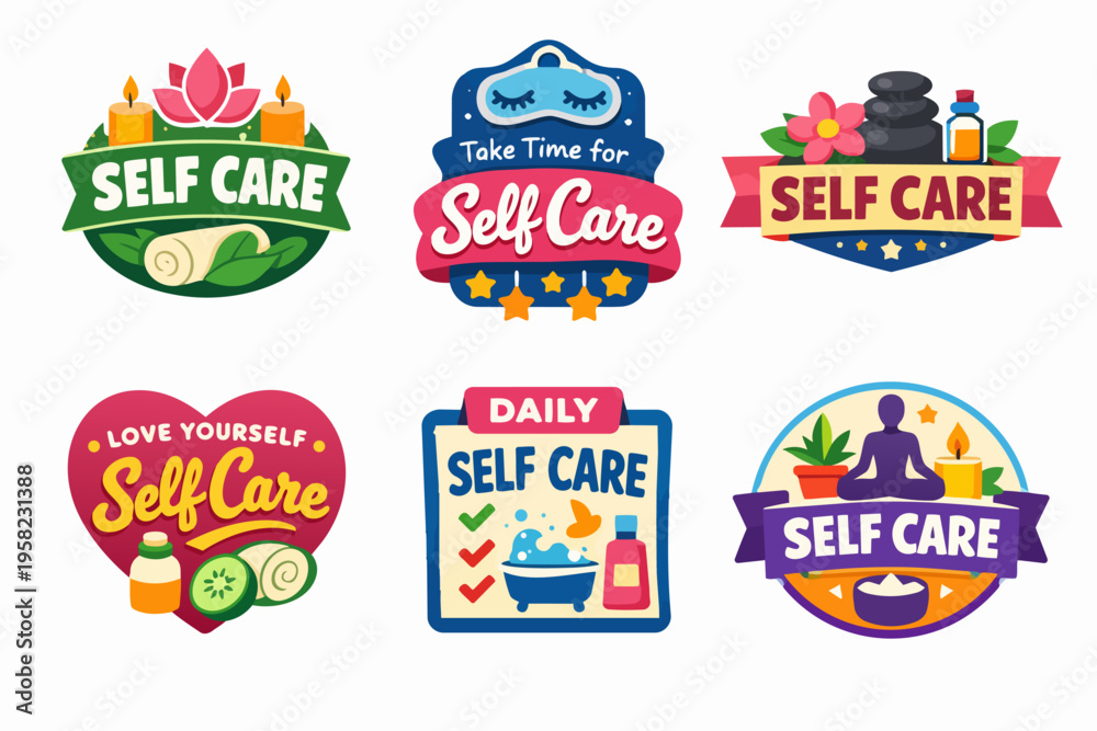 Naklejka premium Self care badges with wellness, relaxation and mental health concepts. Collection of icons for wellbeing and personal care