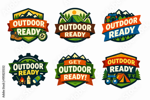 Outdoor ready badges set for camping, hiking, and adventure tourism creating a concept of nature exploration
