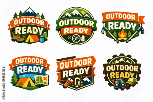 Outdoor ready badges offering vector emblem collection for camping, hiking, and adventure tourism activities