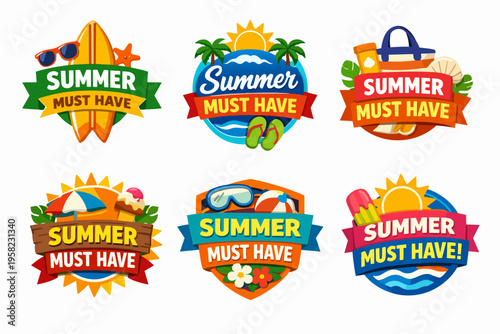 Summer must have collection with badges and labels featuring seasonal vacation items for holiday sales and travel
