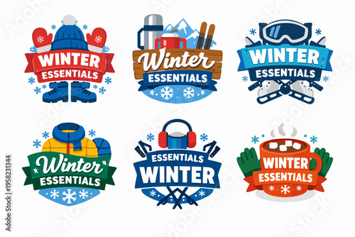 Winter essentials badge collection featuring seasonal clothing, ski gear, hot chocolate, and winter accessories