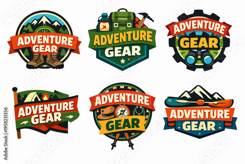 Adventure gear vector label collection presenting outdoor equipment for hiking, camping, and exploration