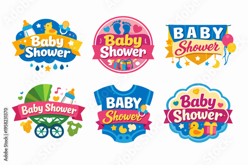 Collection of baby shower badges, labels, and emblems featuring cute icons for newborn celebration invitations