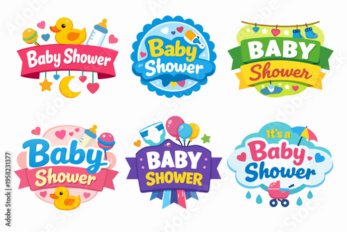 Baby shower celebration emblems, collection of cute infant event labels, expecting parents party concepts