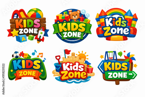 Kids zone creative logos collection featuring play areas, toys, games, and entertainment for children's activities