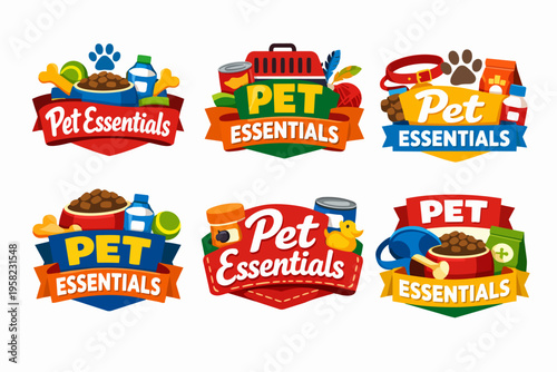 Set of colorful pet essentials product badges. Logos for pet shops, animal care services, and veterinary clinics