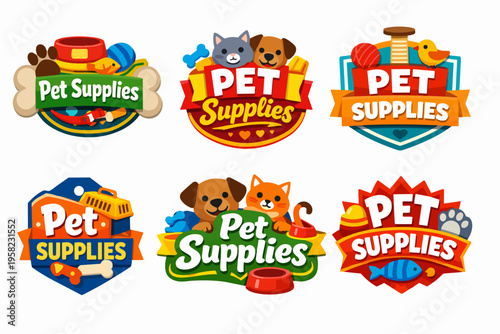 Grouping of six pet supplies logos featuring cats, dogs, birds, and various animal accessories