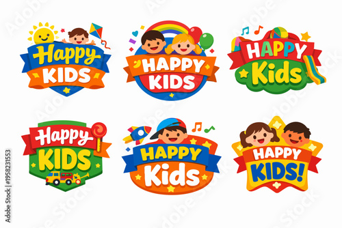 Happy kids vibrant cartoon badges illustrating childhood fun, creativity, and educational play for children's events and services